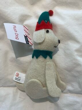 Christmas Plush Elf Dog Ornament White Felt Puppy Holiday Decor